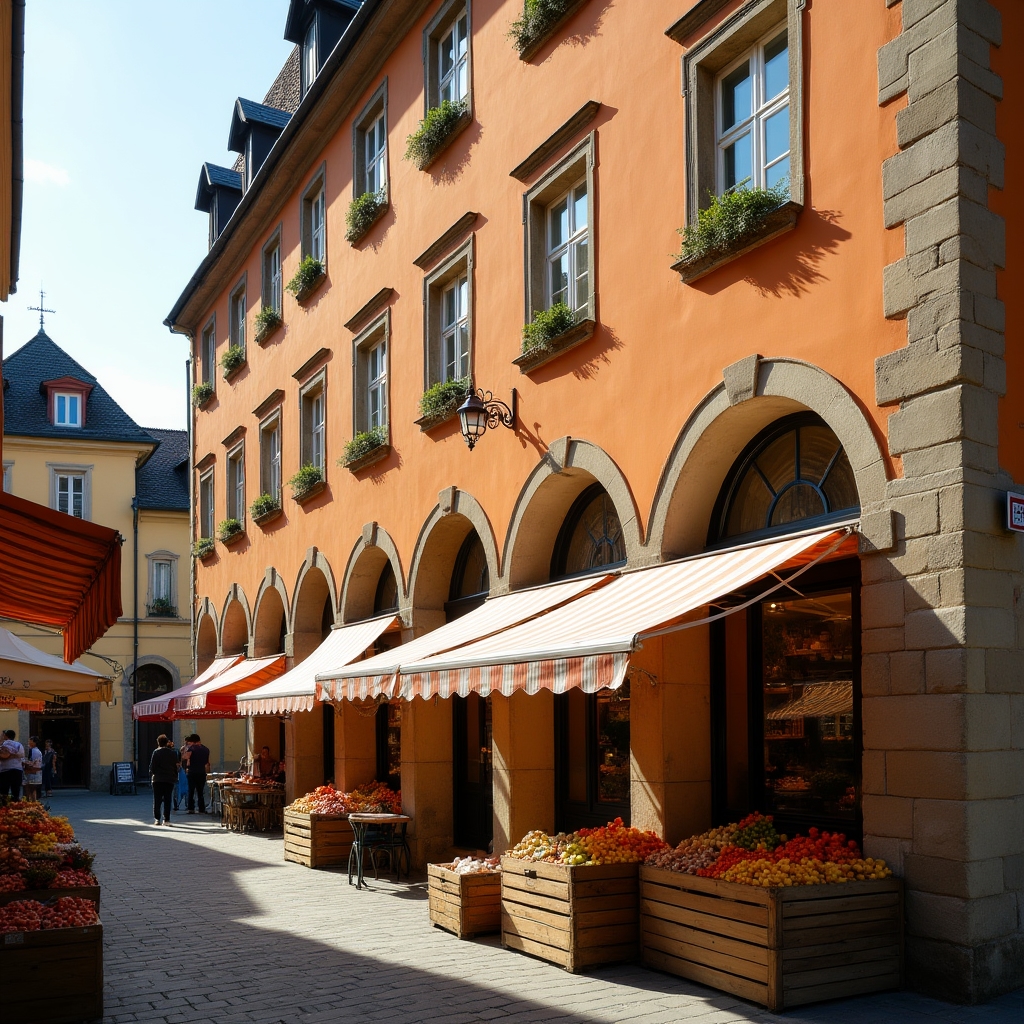 Historisches Gebäude am Viktualienmarkt in München mit Marktständen im Vordergrund an einem sonnigen Nachmittag